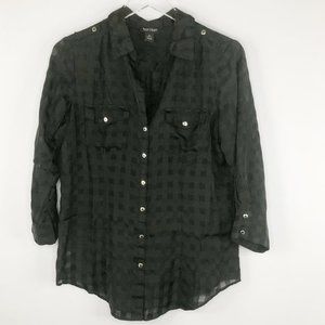 White House Black Market Black Checkered Semi Sheer Button Down Blouse Size 8